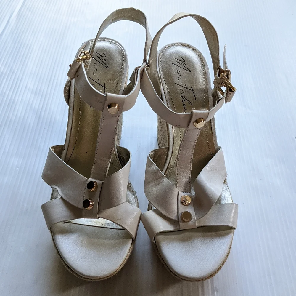 MARC FISHER Malek Chunky Espadrille jute Platform Sandals white leather